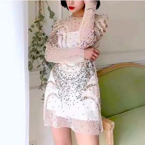 #156 Ivory Gold/Champagne Sequins Silver Pull Over Shift Mini Dress Sheer Tunic